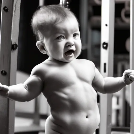 Prompt: an extremely muscular baby flexing, highly vascular, intense expression, epic, high detail, high contrast