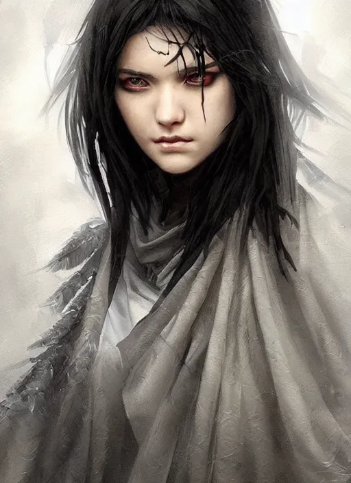 Prompt: a teenage girl with very short black hair and a huge cloak made of grey and black raven feathers. mist swirls around her. beautiful highly detailed face. beautiful painting by artgerm and greg rutkowski and raymond swanland