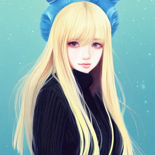 Image similar to realistic beautiful gorgeous natural cute Blackpink Lalisa Manoban blonde hair cute fur blonde cat ears wearing headphones wearing black leather choker in sweaters outfit golden eyes artwork drawn full HD 4K highest quality in artstyle by professional artists WLOP, Taejune Kim, Guweiz, ArtGerm on Artstation Pixiv