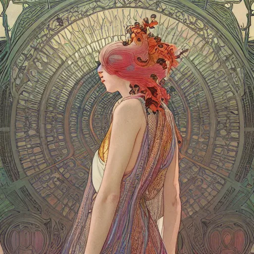 Image similar to a beautiful intricate watercolor illustration of a fashion show with runaway, 4 k, ultra - wide angle, by william turner, by victo ngai, by alphonse mucha, by moebius, by gustave dore, hd, trending on artstation, hyper detailed, muted intense colors