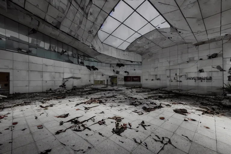 Image similar to low angle photo of a abandoned shopping mall with bodies floating, no gravity, cinematic lightning, ray tracing, unreal engine, photorealistic, detailed, dark, moody, foggy, scary