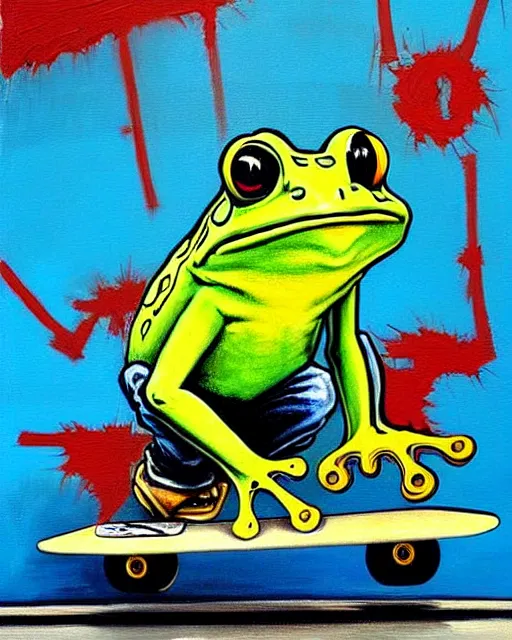 Prompt: painting 1990s Frog doing tricks on skateboard Old school rap, Tony Hawk by Craig Davison and Jean-Michel Basquiat