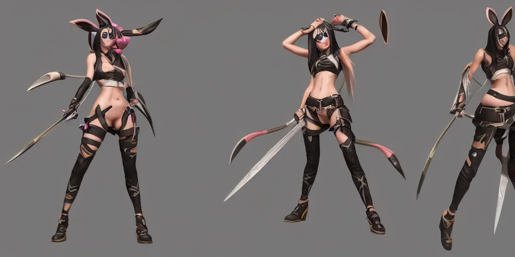 Image similar to character sheet of battle bunny akali (League of Legends). 3d render, octane render, iRay, ray tracing, realistic, highly detailed, trending on artstation, 4k, cgsociety, unreal engine 5, redshift render, blender cycles, behance, cg