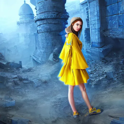 Prompt: ukrainian girl with blue and yellow clothes near big ruined city, concept art, trending on artstation, highly detailed, intricate, sharp focus, digital art, 8 k