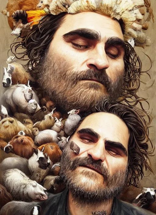 Image similar to a hyper detailed painting of joaquin phoenix surrounded by animals, cow horns, pig nose, sheep wool, chicken feather armor, horror, by anna podedworna, by miklos ligeti, by diego maricato, by taran fiddler, by antonino truisi, by chris reddie, by jinsung lim, trending on artstation