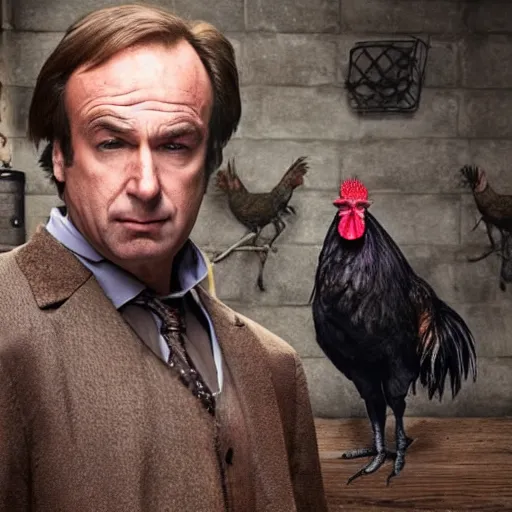 Image similar to saul goodman and a rooster in a medieval torture chamber, saw blades and knives in the background, horror movie, saul goodman!!, rooster!!!!!!, real life photo, detailed face