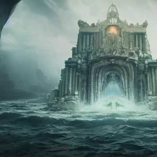 Image similar to The lost Atlantis appears in the multiverse, and the overall tone is atmospheric, hazy, magical, hyper-detailed and realistic，baroque style, realistic geometry, unreal engine 5, hyper realistic, insane details, reflections, best quality, cinematic, epic, 8k, octane render, atmospheric, ambient, volumetric lighting, ultra detail, surrealism,--ar 16:9