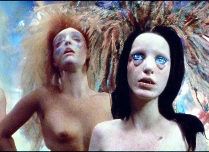 Image similar to visionary underground scene from a 7 0's movie by chris cunningham, kenneth anger and alejandro jodorowsky : : surreal dream scene of actresses turning into animals in a studio setting : : close - up 4 k