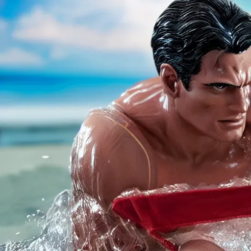 Prompt: superman taking a bath at the beach, trunks, realistic, highly detailed