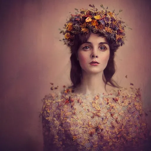 Image similar to fine art photo of catherine diana ; princess of wales, she has a crown of dried flowers, by oleg oprisco