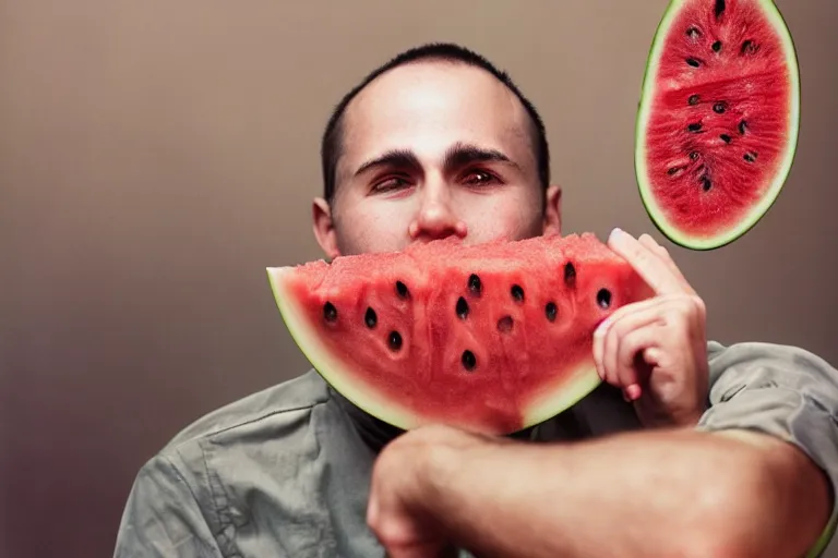 Image similar to closeup portrait of a young man punching a watermelon into a smoothie, magazine, press, photo, steve mccurry, david lazar, canon, nikon, focus