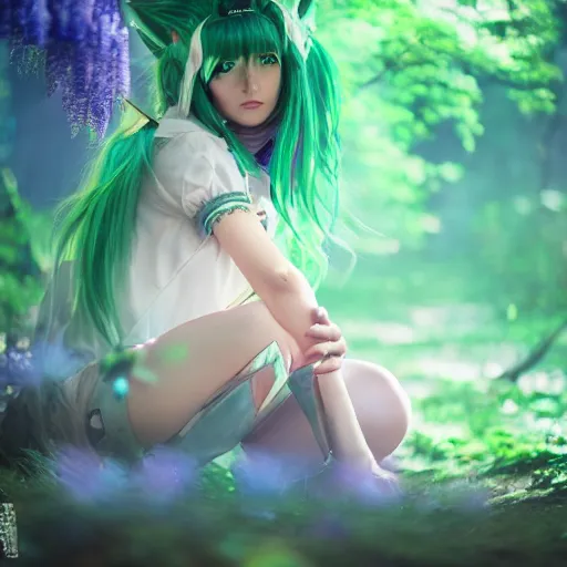 Prompt: Beautiful girl with Ahri cosplay, green hair, glowing crystals on the ground, somber, scene of a summer forest with glowing blue wisteria , 8k hdr pixiv dslr photo by Makoto Shinkai and Wojtek Fus