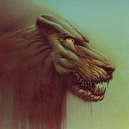 Image similar to griffon concept art, lion body, beksinski, wayne barlowe