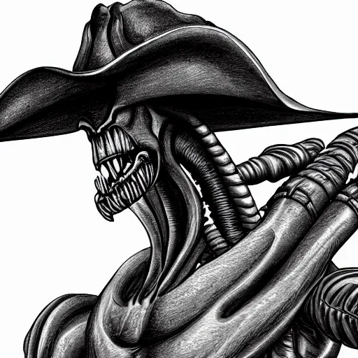 Image similar to a pencil sketch of a xenomorph wearing a cowboy hat, white background, fine detail, 8 k details