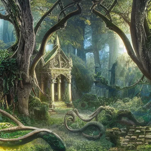 Image similar to a beautiful and highly detailed matte painting of an elven temple in a magical fantasy garden in a lush forest, celtic knots, ancient runes, knotted trees, intricate details, epic scale, insanely complex, 8 k, sharp focus, hyperrealism, very realistic, by caspar friedrich, albert bierstadt, james gurney, brian froud,