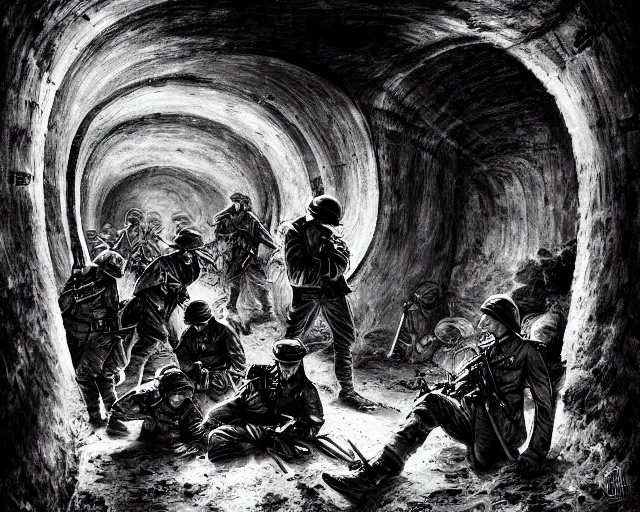 Image similar to Soldiers in despair in a world war 1 tunnel, black and white, amazing digital art, hyper detailed, artstation, in the style of Tony Sart