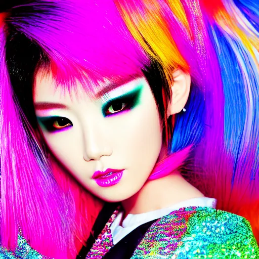 Image similar to japanese model with maximalist hair style and makeup, bright colors, fashion model, portrait shot, glitter, depth of field, 8 k, hyper detailed, intricate, trending on artstation