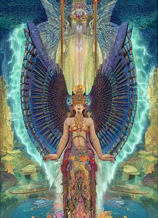 Prompt: Temple of the bird tribe, giant majestic archways, waterfalls, Chinese style temple, fractal, rah, falcon spirit, crystals, huge wings, giant sun mandala, parallax poster composition, women goddess standing with angel wings, perfect symmetry by John James Audubon, Gustav Klimt, Alphonse Mucha, Peter Mohrbacher, art deco, tarot card