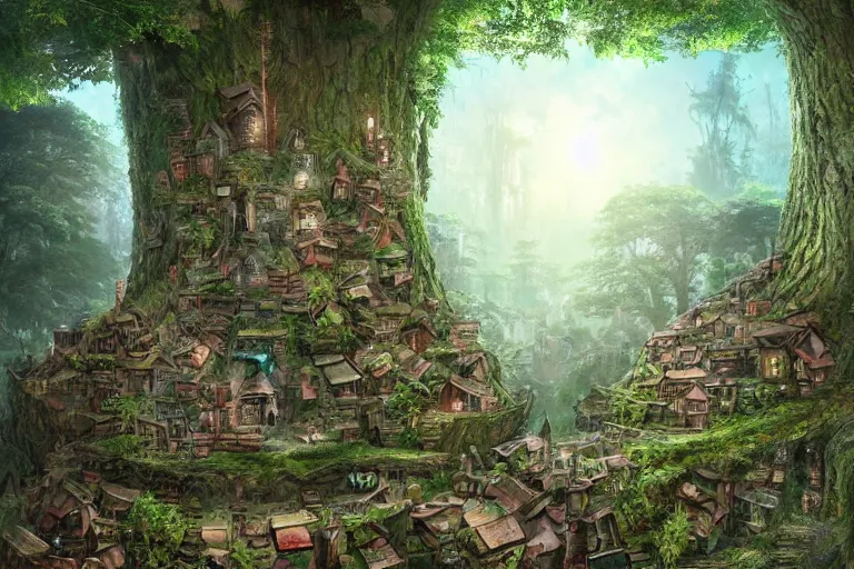 Prompt: a miniature city built into the trunk of a single colossal tree in the forest, with tiny people, in the style of marc simonetti, lit windows, close - up, low angle, wide angle, awe - inspiring, highly detailed digital art