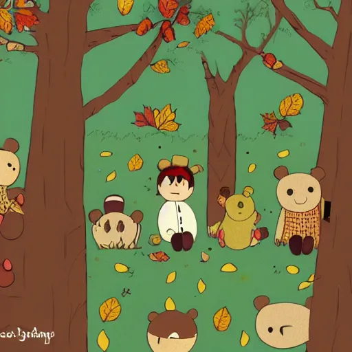 Prompt: autumnal woods with teddy bears, in the style of over the garden wall