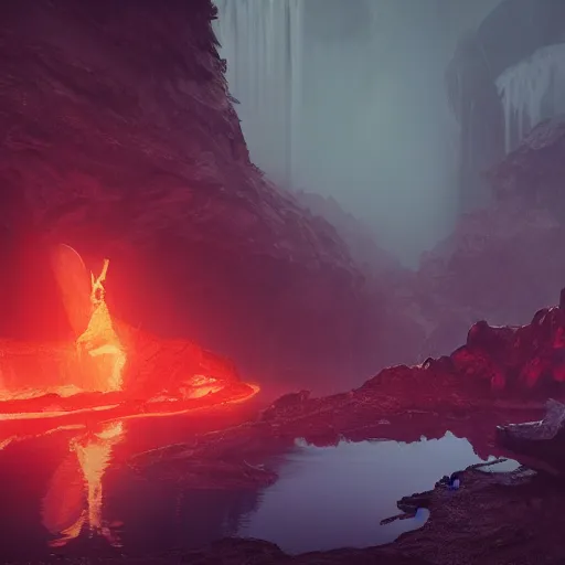 Image similar to Infiniti pool sitting in hell. intricate artwork by artstation. halo. octane render, cinematic, hyper realism, octane render, 8k, bokeh, demonic, dark, devil, demons, mist, red illuminating fog, rocks, hell. scheme.