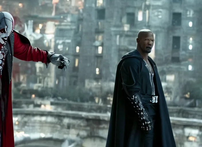 Image similar to film still of jamie foxx as spawn in the new spawn movie, giant chains, large cape, 8 k