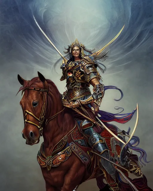 Image similar to Horse warrior, centered, portrait, symmetrical, Path of Exile, Diablo, Warhammer, digital painting, highly detailed, colorful concept art, gold, silver, copper colors, Nekro, Peter Mohrbacher, Alphonse Mucha, Brian Froud, Yoshitaka Amano, Kim Keever, Victo Ngai, James Jean