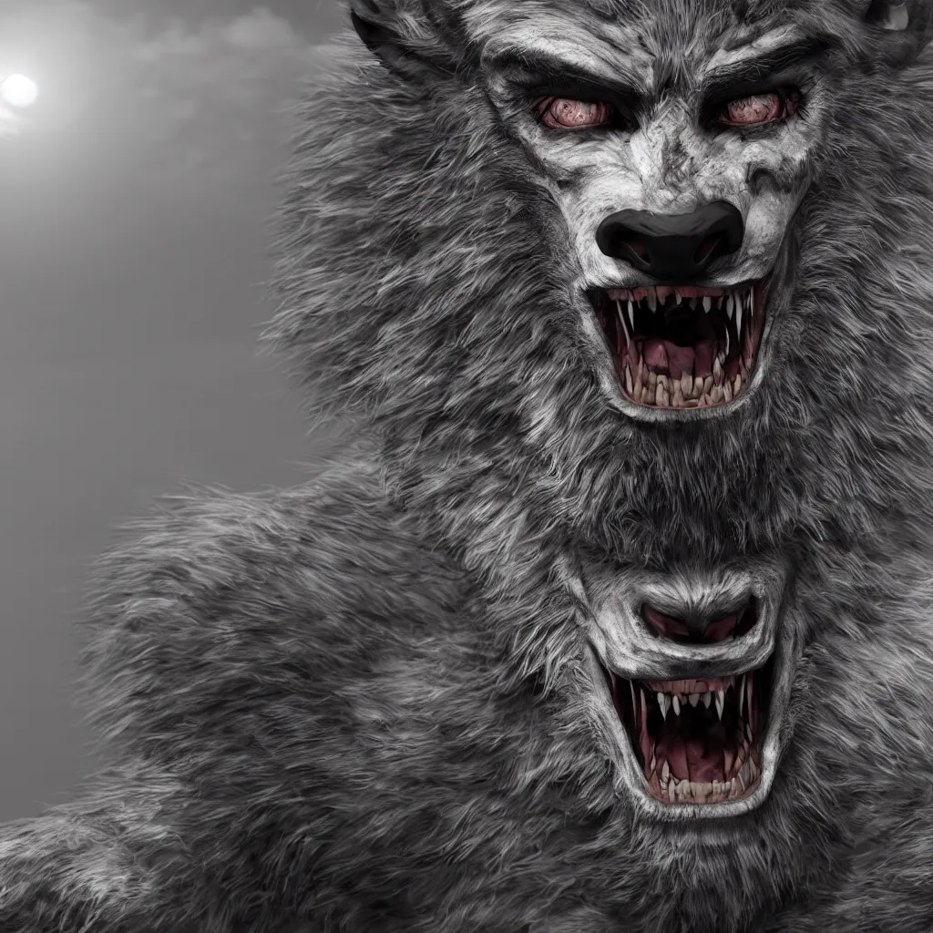 Image similar to portrait of man transforming into a werewolf with grey realistic fur, high detail, hyper realism, unreal engine, 8 k