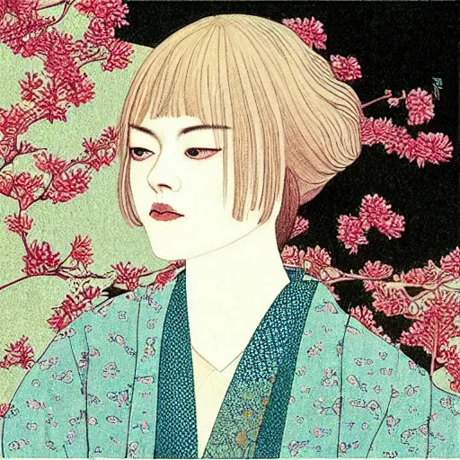 Image similar to “ emma stone portrait by ikenaga yasunari, drawing, realistic, sharp focus, japanese, dreamy, nostalgia, faded, golden hues, floral clothes, ”