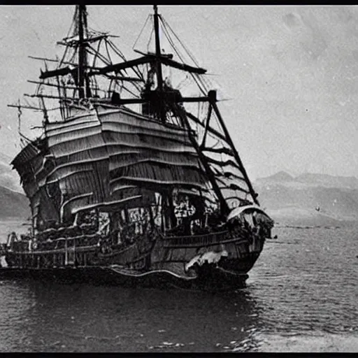 Prompt: an impossibly huge pirate ship that's also a skull. 1910s photograph