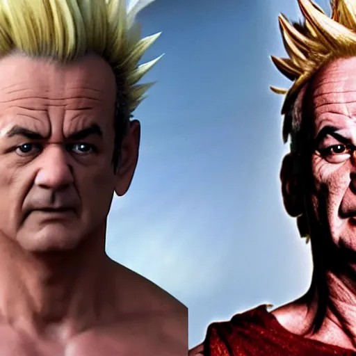 Image similar to Photo realistic live action Super Saiyan Frank Zappa vs Majin Bill Murray WWE takedown ray traced 8K anti-aliased highly detailed cinematic render award winning photography