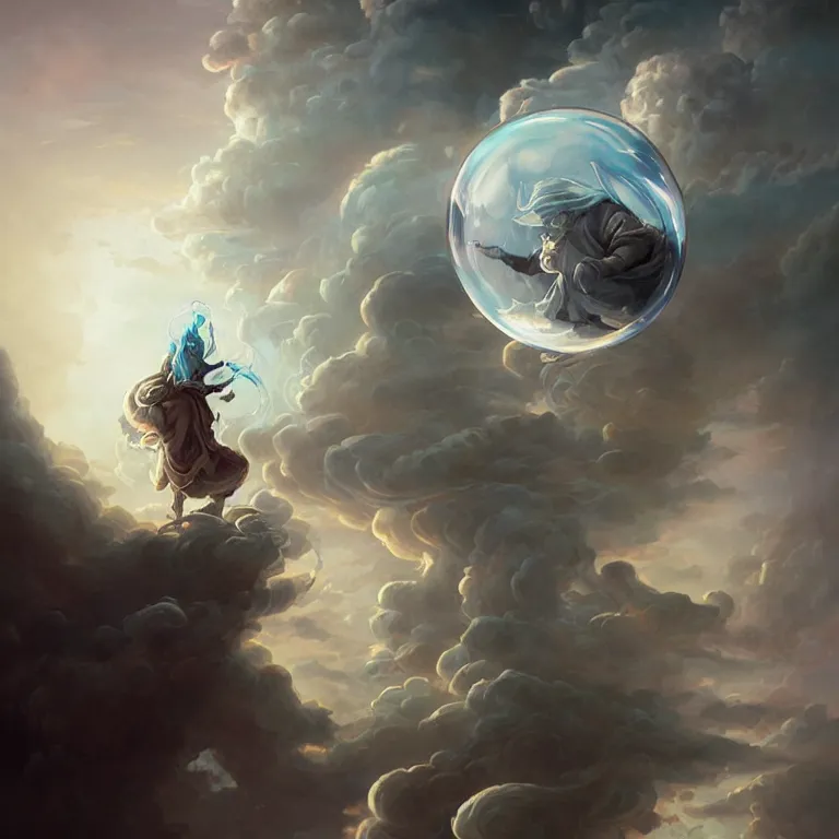 Prompt: an old wizard trapped inside a floating soap bubble among the clouds, ethereal, fantasy, style of peter mohrbacher, dramatic lighting