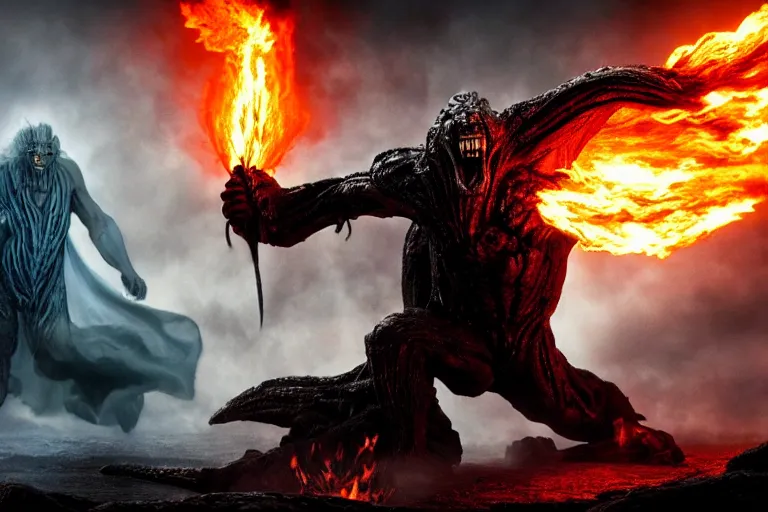 Prompt: movie still, huge balrog fighting normal sized gandalf at the bridge of khazad - dum, style of h. r. giger, fiery, dark, realistic movie still, cinematic, cgi,