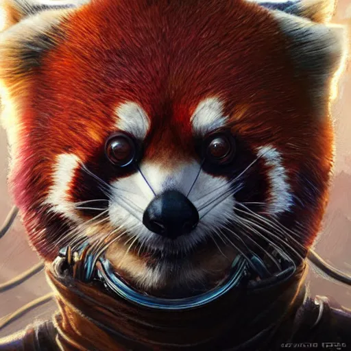 Prompt: red panda as a realistic scifi cyberpunk character, closeup portrait art by donato giancola and greg rutkowski, vintage retro scifi, realistic face, digital art, trending on artstation, symmetry!!!