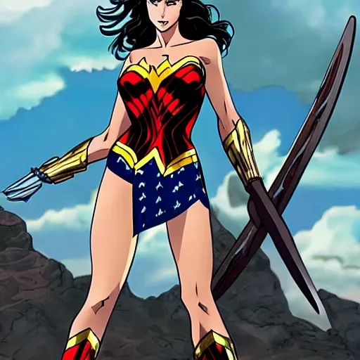 Prompt: Gal Gadot as Wonder Woman, Anime style, dramatic action shot