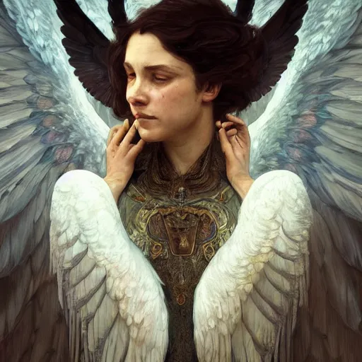 Prompt: portrait of a fallen angel with fading wings, intricate, headshot, highly detailed, digital painting, artstation, concept art, sharp focus, cinematic lighting, illustration, art by artgerm and greg rutkowski, alphonse mucha, cgsociety