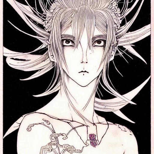 Image similar to prompt: Fragile looking character soft light portrait face drawn by Takato Yamamoto, modernistic looking armor with wild hairstyle, tattooed face, inspired by Sailor Moon anime, alchemical objects on the side, soft light, intricate detail, intricate ink and gouache painting detail, manga and anime 1990 high detail, manga and anime 2010