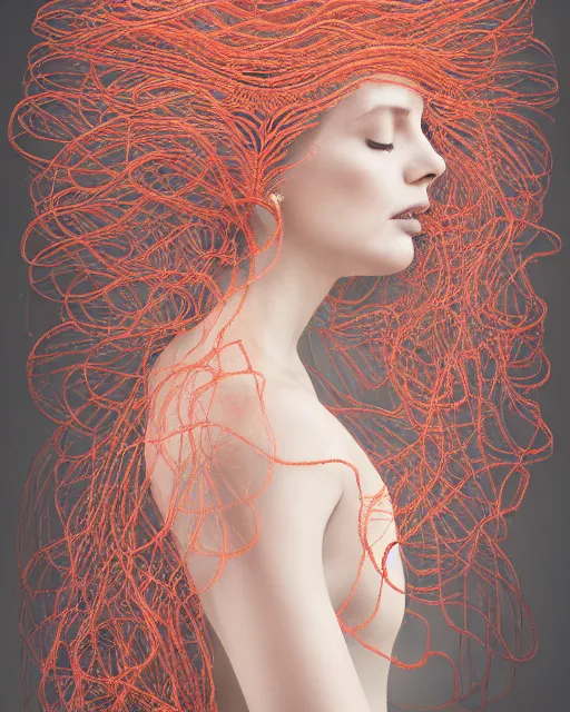 Image similar to a woman's face in profile, long flowing hair entwined in a coral reef, made of intricate decorative lace leaf, in the style of the dutch masters and gregory crewdson, dark and moody