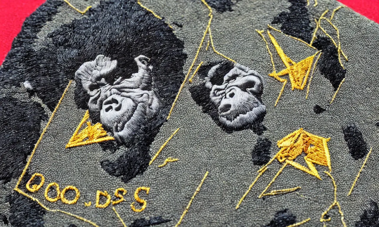 Image similar to a gorilla climbing a radio communications tower. breaking lighting bolts. embroidered us radar corps patch 8 k /