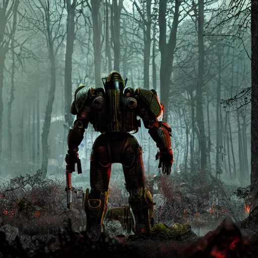 Image similar to Frank Horrigan stands against the background of a radioactive forest, graphics, fallout 4 render, 3d computer render, maximum details, rain, night, spotlight,