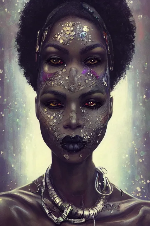 Image similar to portrait of a beautiful young gothic Black woman, cyberpunk, Warhammer, highly detailed, artstation, illustration, art by Gustav Klimt