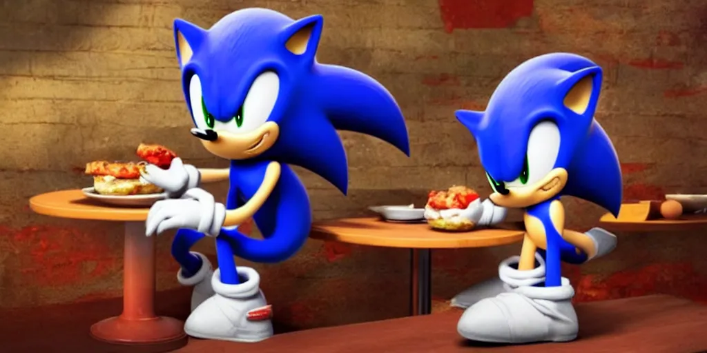 Image similar to A render of Sonic sitting across from Shadow at a restaurant, Sonic looks like he is shocked, Shadow is looking away in disgust, they both have hamburgers in front of them on a plate, movie, HDR, warm lighting, interesting camera angle