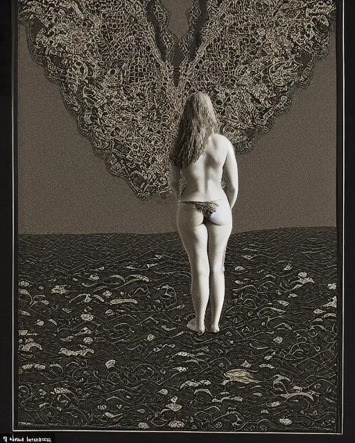 Image similar to a woman standing by the sea, made of intricate decorative lace leaf skeleton, in the style of the dutch masters and gregory crewdson, dark and moody