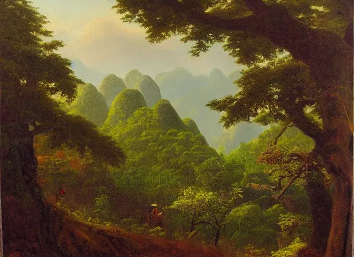 Prompt: the luscious forests of vietnam with little villages sprinked in them, in the style of hudson river school of art, oil on canvas