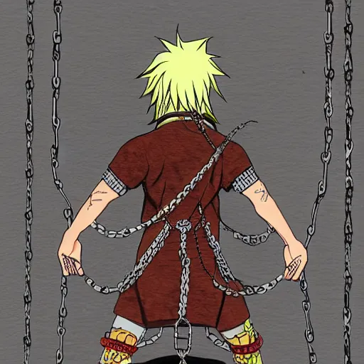 Image similar to A FULL BODY PORTRAIT FROM BEHIND OF MADARA UCHICHA ,THE MAN KEEPS A KUSARIGAMA AND IT IS WRAPPED IN CHAINS ,detailed, concept art, ink style , sketch