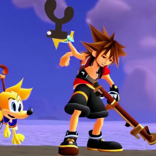 Image similar to A leaked image of a Warrior cats world in Kingdom Hearts 4, Kingdom hearts worlds, Sora donald and Goofy exploring the world of Warrior cats, action rpg Video game, Sora wielding a keyblade, Disney inspired, cartoony shaders, rtx on