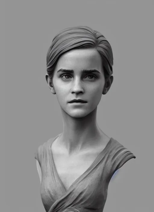 Prompt: 3D resin miniature sculpture of Emma Watson by Jean-Baptiste Carpeaux and Luo Li Rong, prefect symmetrical face, full body shot, academic art, realistic, 8K, Product Introduction Photo, Hyperrealism. Subsurface scattering, raytracing, Octane Render, Zbrush, simple background