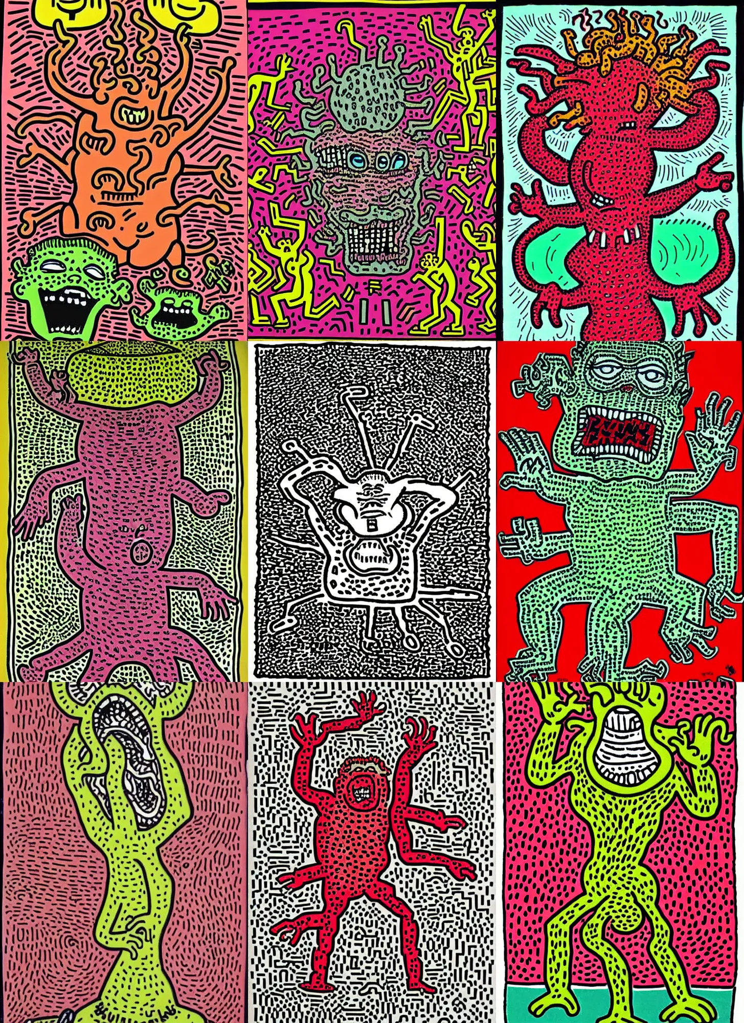 Prompt: donald trump's disgusting true form bursting from within, gross, slimy, sleazy, pustules, high details, intricate details, by keith haring