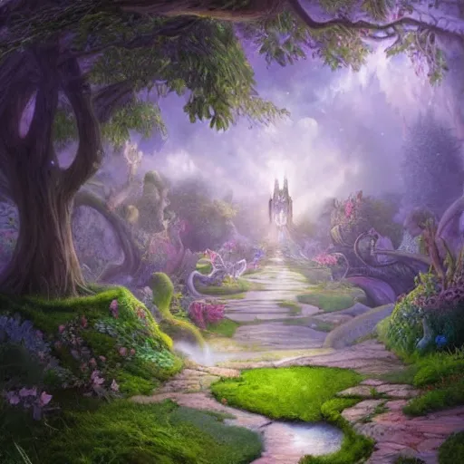 Image similar to photorealistic fantasy concept art of the world of Alice and wonderland landscape, dynamic lighting, magical, mysterious, hyperrealism