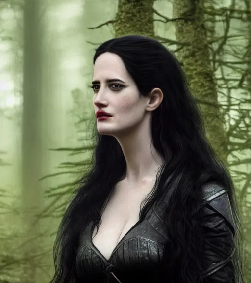 Image similar to 5 5 mm close up portrait photo of eva green as yennefer of vengerberg in black leather armor and long black fluff hair, in a forest. magical atmosphere. art by greg rutkowski. lifelike. very detailed 8 k. intricate. soft light. nikon d 8 5 0.